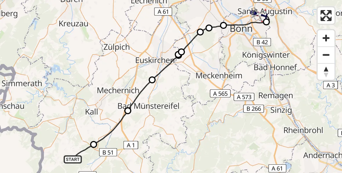 Flugroute Polizeihubschrauber Hellenthal - Bonn-Hangelar Flugplatz, 30 Juli 2026, 09:23