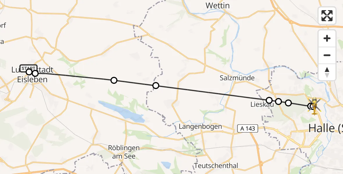 Flugroute Rettungshubschrauber Helios Hospital Lutherstadt Eisleben - Halle (Saale) University Hospital, 30 Juli 2026, 09:25