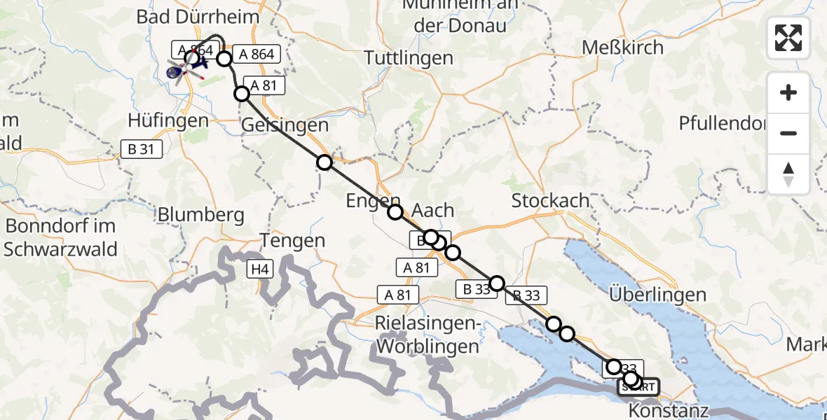 Flugroute Polizeihubschrauber Konstanz Flugplatz - Donaueschingen-Villingen Flugplatz, 30 Juli 2026, 09:26