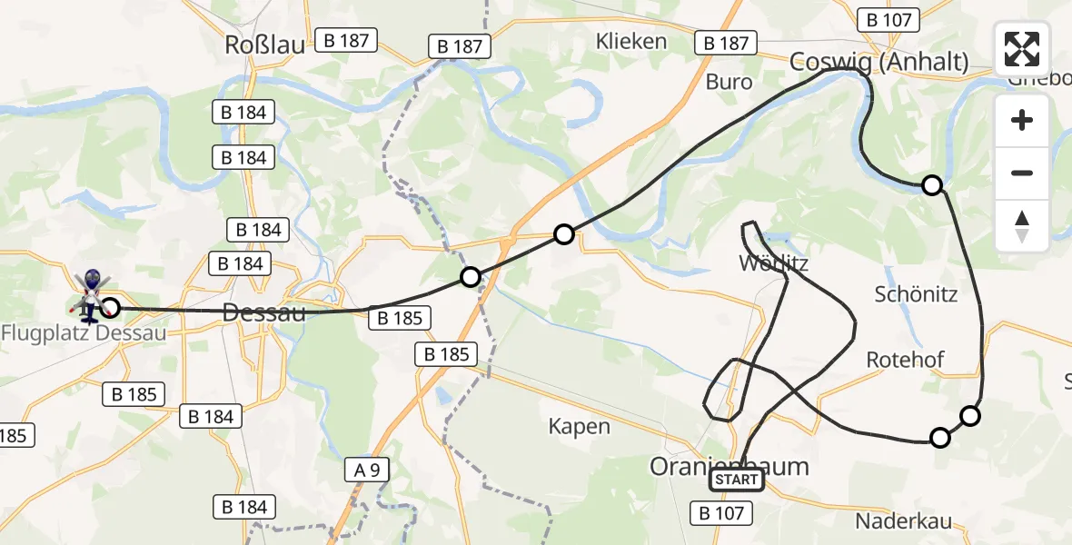 Flugroute Polizeihubschrauber Oranienbaum-Wörlitz - Dessau Flugplatz, 30 Juli 2026, 09:31