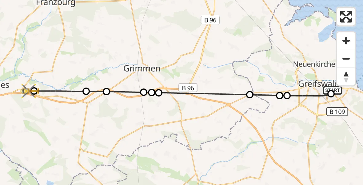 Flugroute Rettungshubschrauber Greifswald Hospital - Tribsees, 30 Juli 2026, 09:35