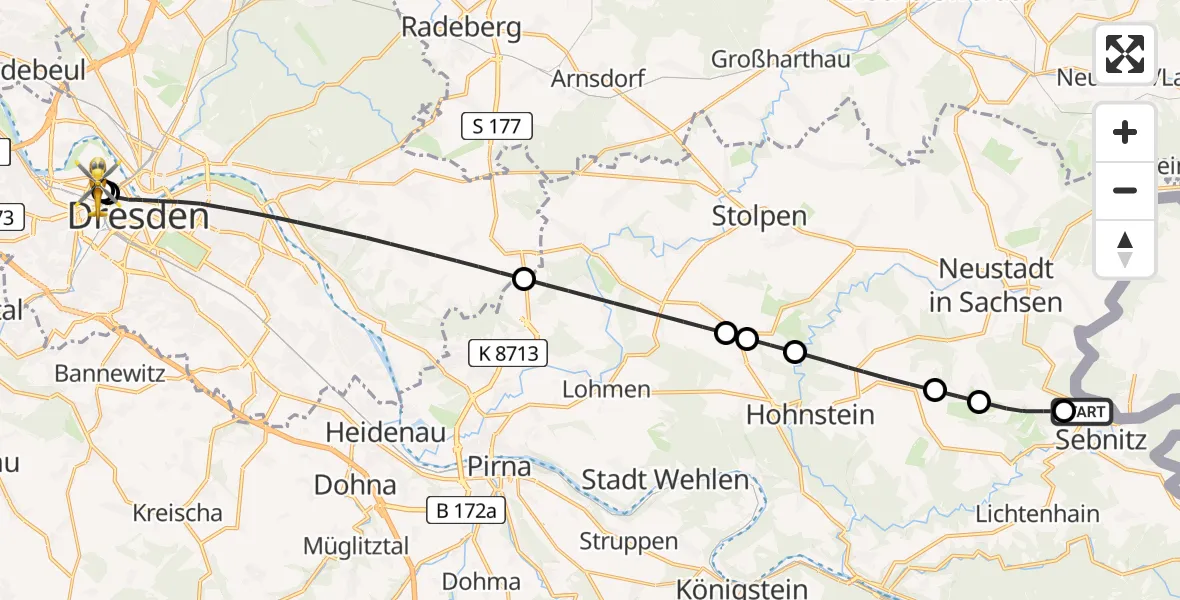 Flugroute Rettungshubschrauber Saxon Switzerland Clinic Sebnitz Hubschrauberlandeplatz - Dresden Friedrichstadt Hospital, 30 Juli 2026, 09:41
