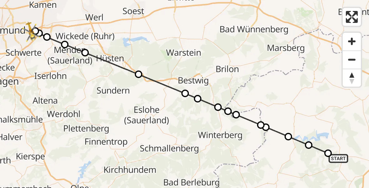 Flugroute Rettungshubschrauber Bad Wildungen - Dortmund Flughafen, 30 Juli 2026, 09:47