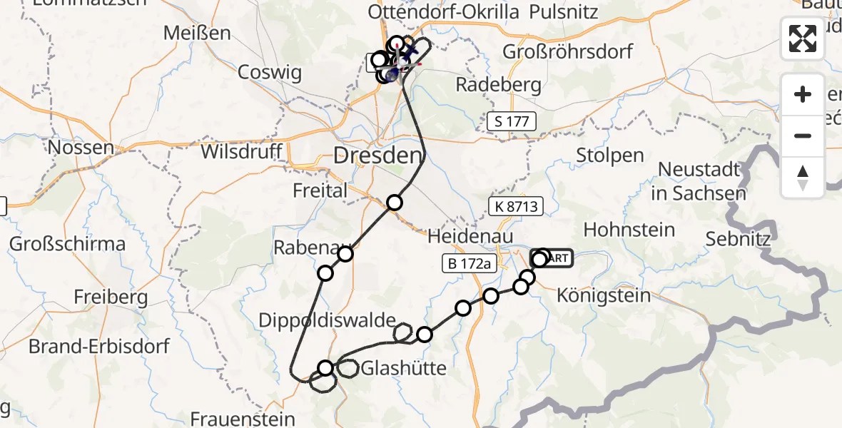 Flugroute Polizeihubschrauber Stadt Wehlen - Dresden Bundespolizei Hubschrauberlandeplatz, 30 Juli 2026, 09:51