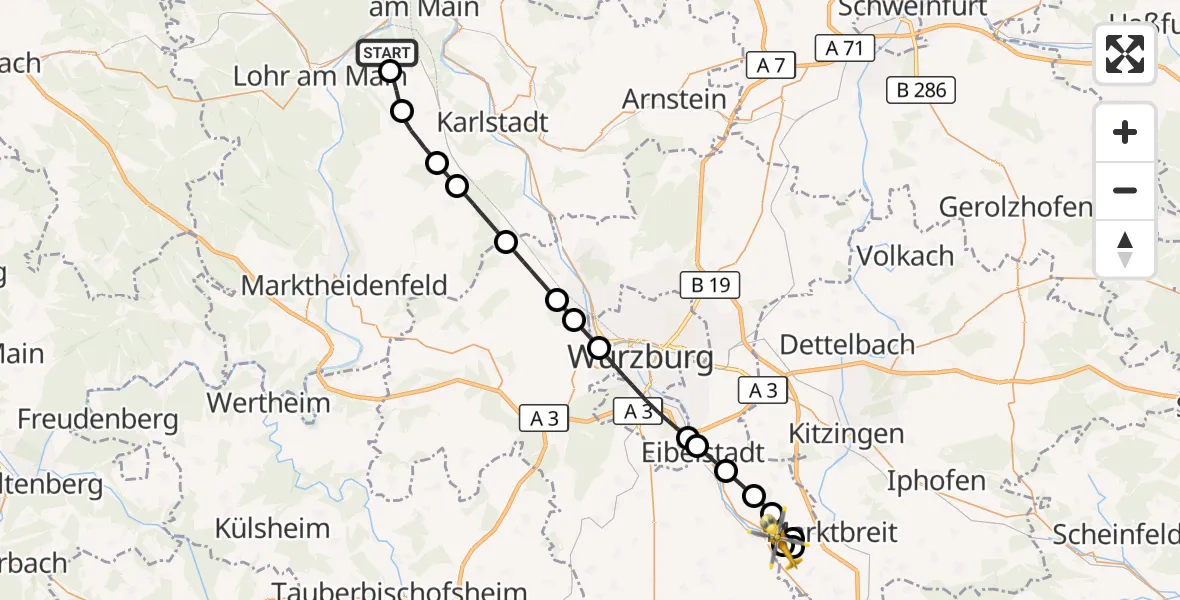 Flugroute Rettungshubschrauber Lohr a.Main - Ochsenfurt Hospital, 30 Juli 2026, 09:51