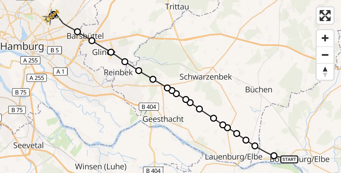 Flugroute Rettungshubschrauber Boizenburg/Elbe - Hamburg Military Hospital, 30 Juli 2026, 09:53