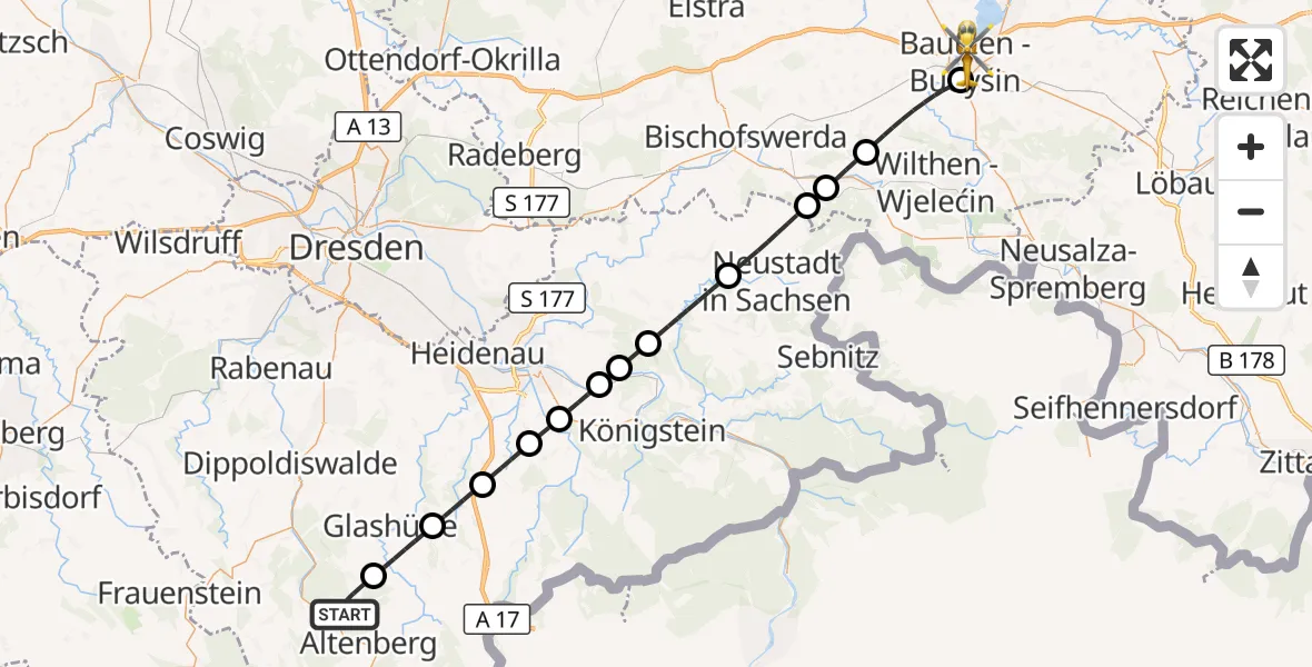 Flugroute Rettungshubschrauber Altenberg - Bautzen, 30 Juli 2026, 09:56