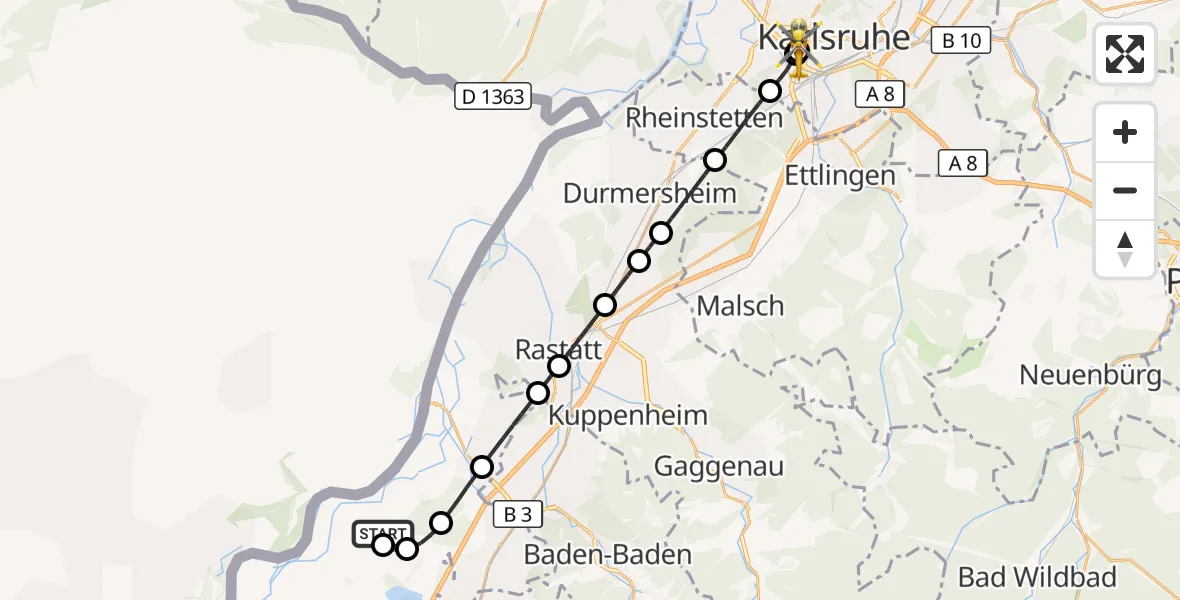 Flugroute Ambulanzhubschrauber Karlsruhe Baden-Baden Flughafen - Sankt Vincentius Hospital, 30 Juli 2026, 09:57