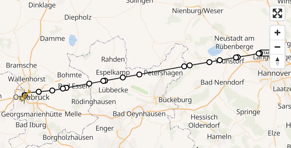 Flugroute Rettungshubschrauber Flughafen Hannover - Osnabrück Hospital, 30 Juli 2026, 10:04