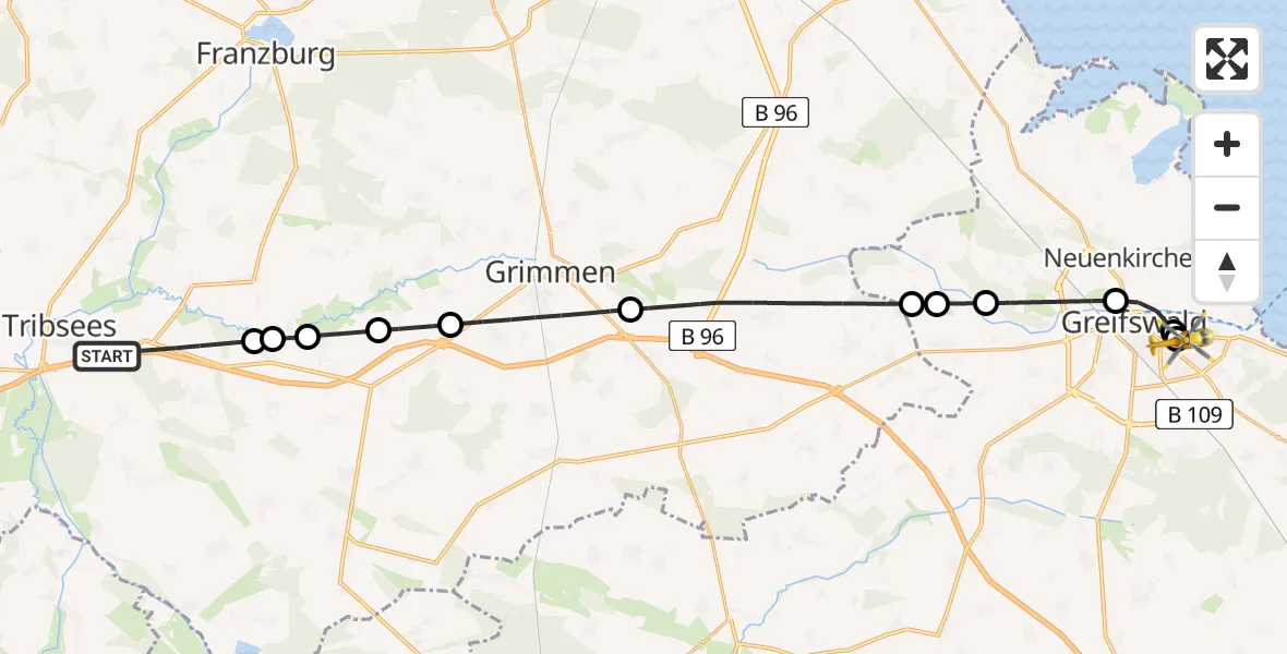 Flugroute Rettungshubschrauber Tribsees - Greifswald Hospital, 30 Juli 2026, 10:06