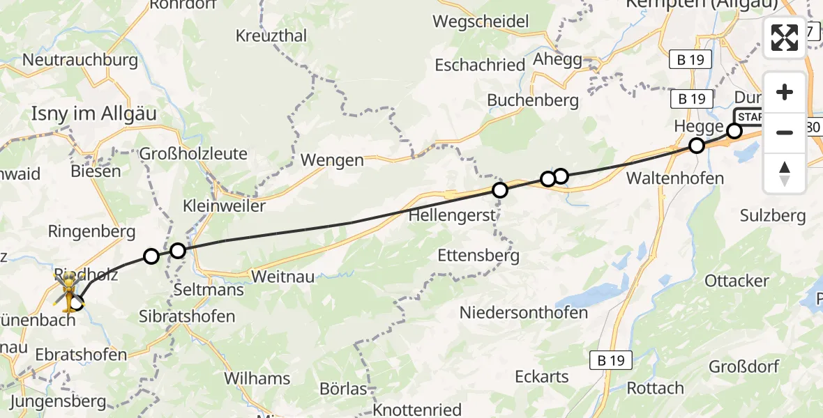 Flugroute Rettungshubschrauber Kempten-Durach Flugplatz - Grünenbach, 30 Juli 2026, 10:10