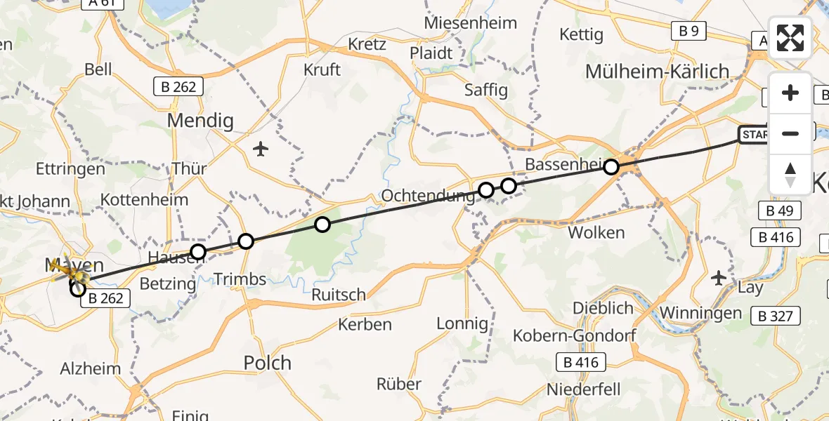 Flugroute Rettungshubschrauber Koblenz - Mittlerhein Gemeinschaftskrankenhaus Sankt Elisabeth Mayen Hubschrauberlandeplatz, 30 Juli 2026, 10:10