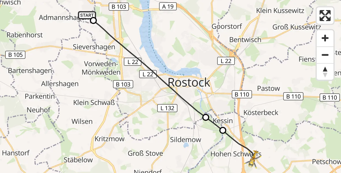 Flugroute Ambulanzhubschrauber Elmenhorst/Lichtenhagen - Dummerstorf, 30 Juli 2026, 10:17