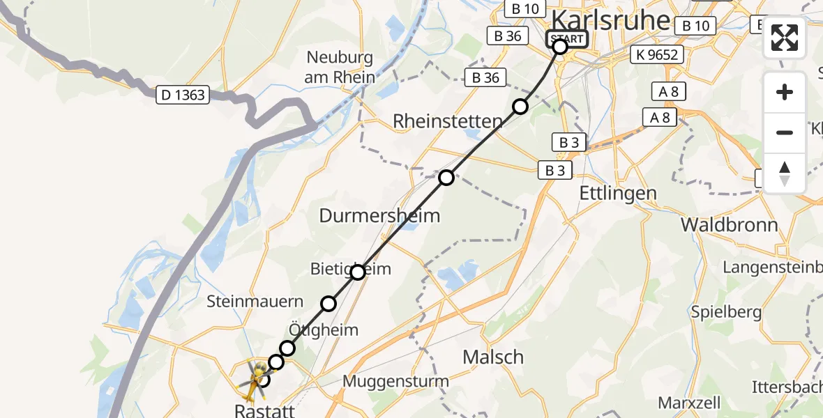 Flugroute Ambulanzhubschrauber Sankt Vincentius Hospital - Rastatt, 30 Juli 2026, 10:20