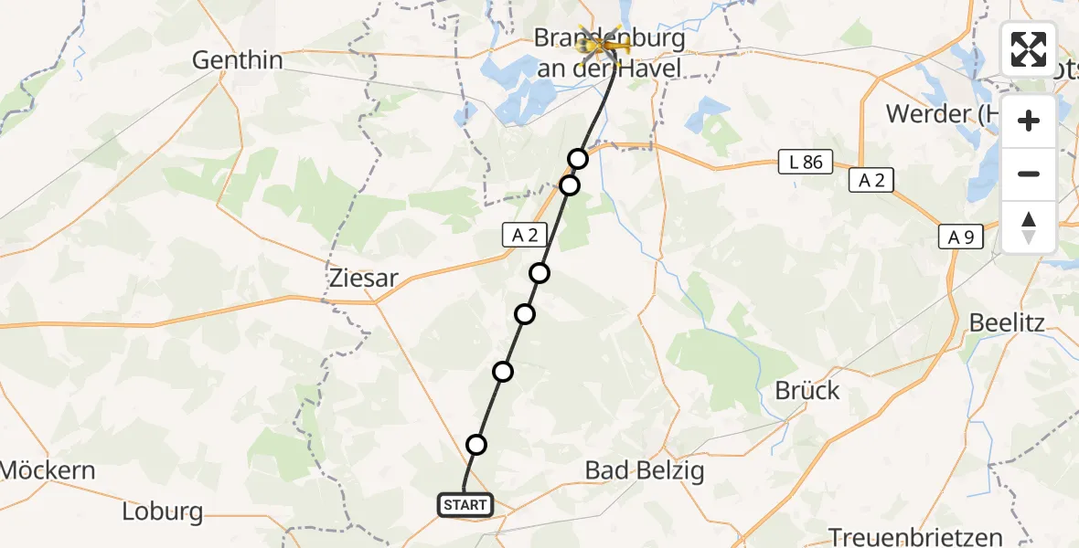 Flugroute Rettungshubschrauber Wiesenburg/Mark - Brandenburg an der Havel, 30 Juli 2026, 10:24