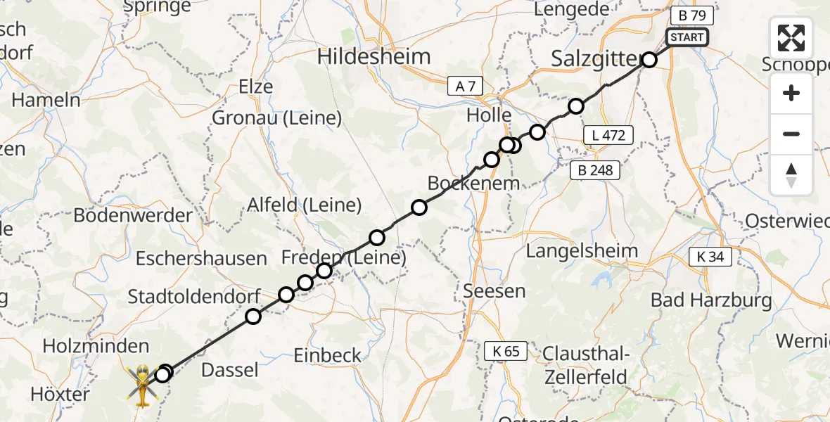 Flugroute Rettungshubschrauber Wolfenbüttel - Holzminden, 30 Juli 2026, 10:28