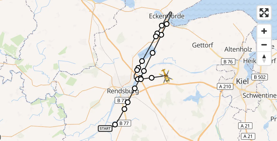 Flugroute Ambulanzhubschrauber Hörsten - Bovenau, 30 Juli 2026, 10:30
