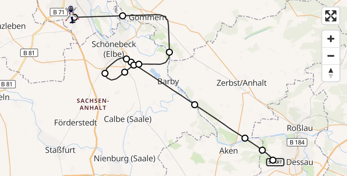 Flugroute Polizeihubschrauber Dessau Flugplatz - Magdeburg City Flugplatz, 30 Juli 2026, 10:34