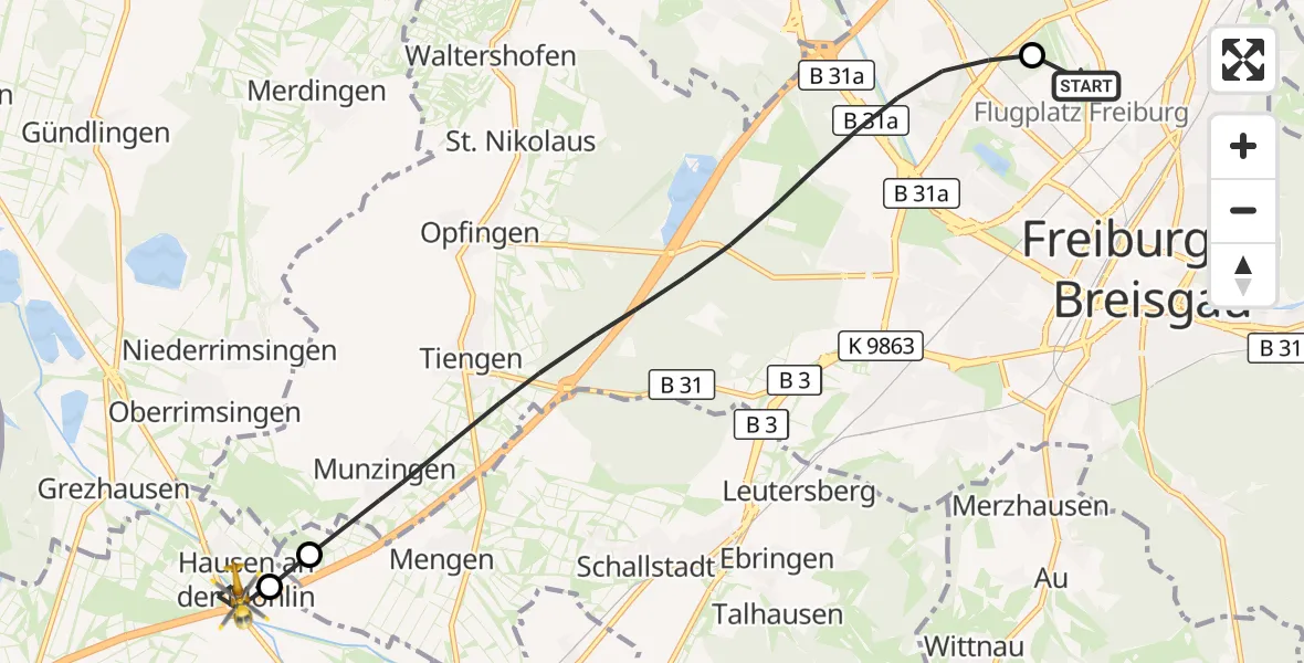Flugroute Ambulanzhubschrauber Freiburg im Breisgau Flugplatz - Bad Krozingen, 30 Juli 2026, 10:36