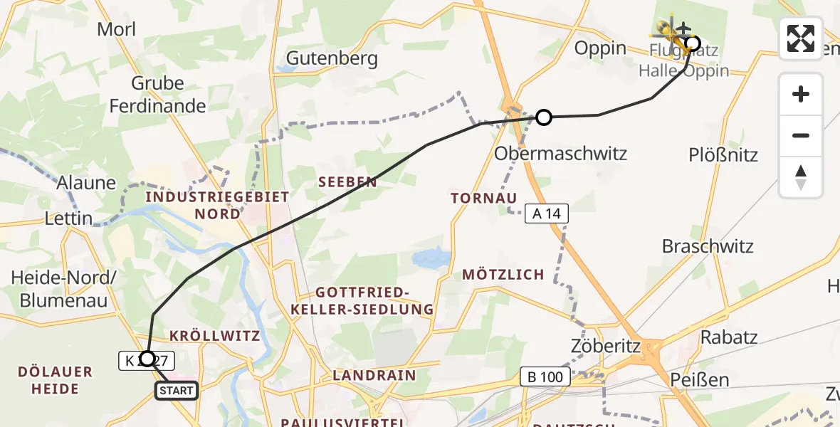 Flugroute Rettungshubschrauber Halle (Saale) University Hospital - Halle-Oppin Flugplatz, 30 Juli 2026, 10:37