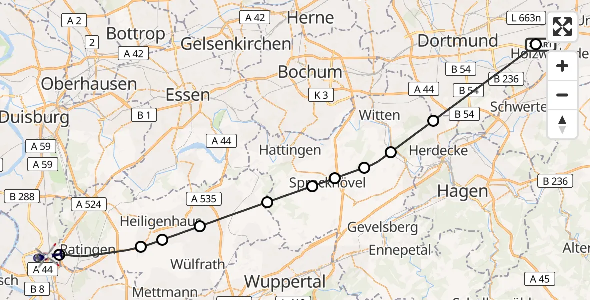 Flugroute Polizeihubschrauber Dortmund Flughafen - Düsseldorf Flughafen, 30 Juli 2026, 10:43