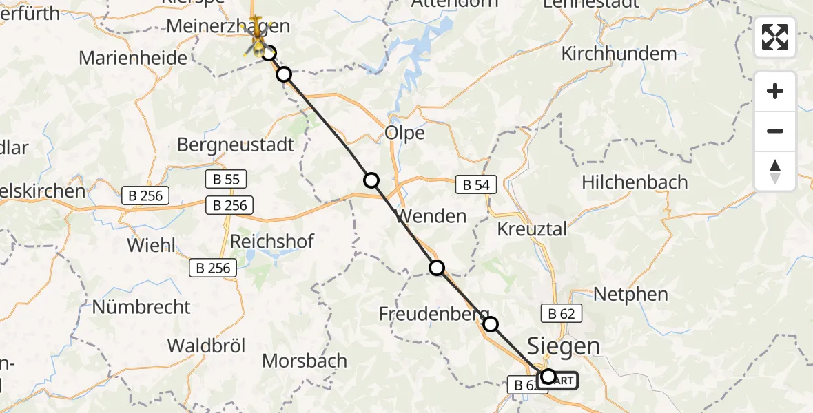 Flugroute Rettungshubschrauber Evangelisches Jung-Stilling Hospital - Meinerzhagen, 30 Juli 2026, 10:43