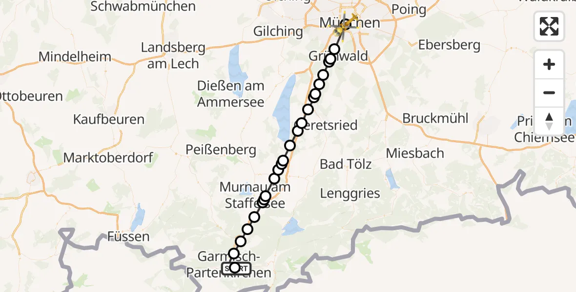 Flugroute Rettungshubschrauber Garmisch-Partenkirchen Clinic Hubschrauberlandeplatz - Aussenlandeplatz Innenstadtkliniken Goetheplatz, 30 Juli 2026, 10:48