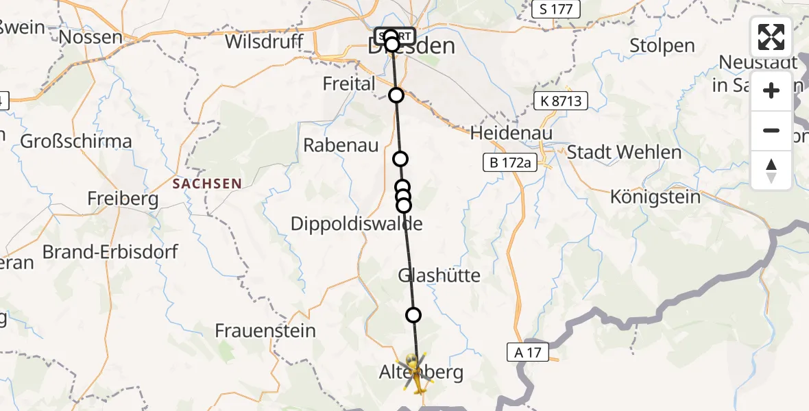 Flugroute Rettungshubschrauber Dresden Friedrichstadt Hospital - Altenberg, 30 Juli 2026, 10:48
