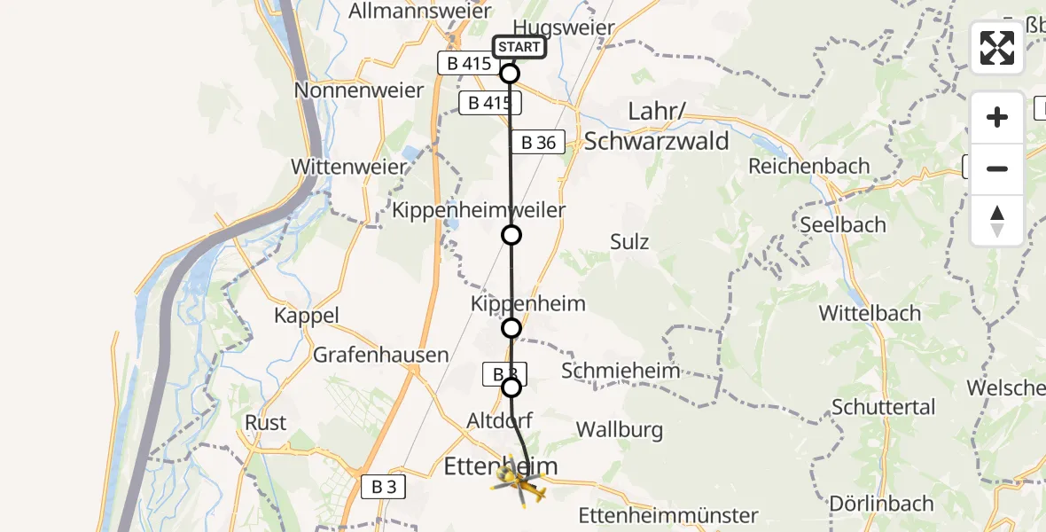 Flugroute Rettungshubschrauber Lahr Flughafen - Ettenheim, 30 Juli 2026, 10:49