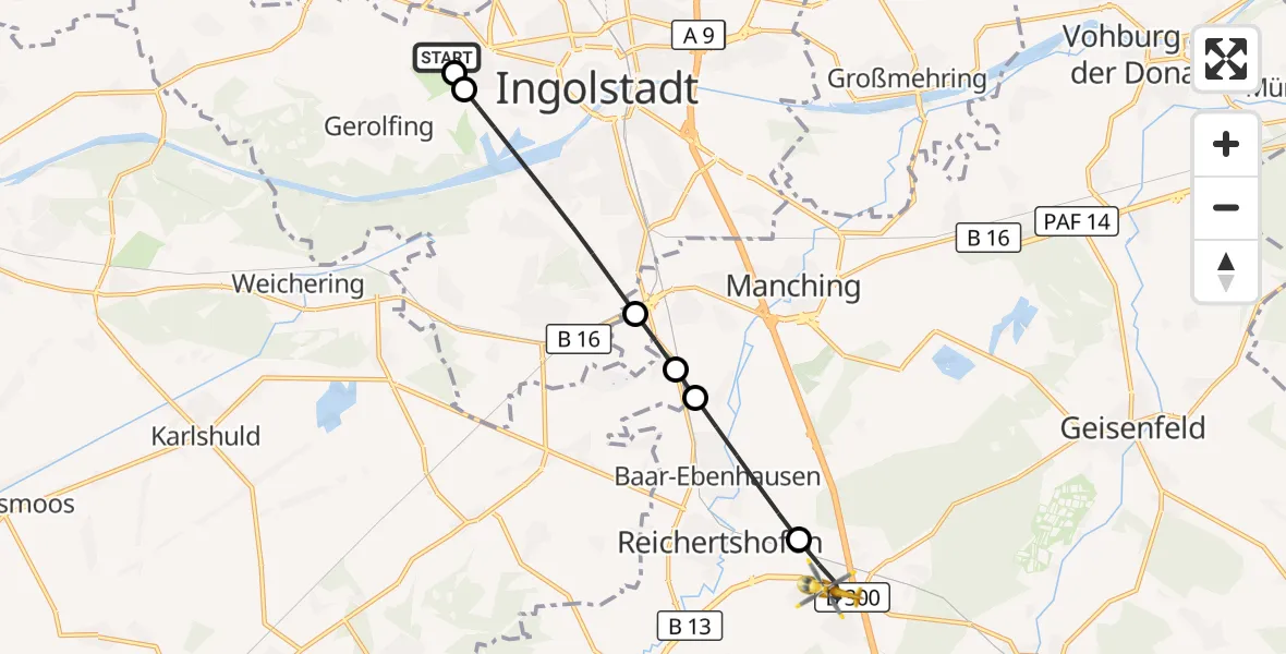 Flugroute Rettungshubschrauber Ingolstadt Hospital - Reichertshofen, 30 Juli 2026, 10:49