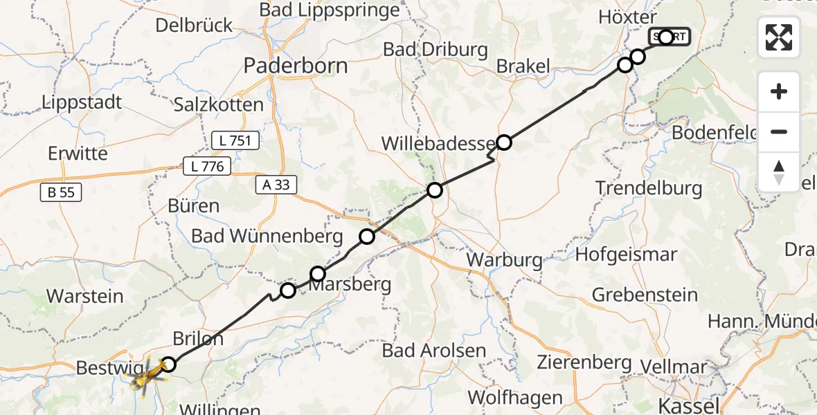 Flugroute Rettungshubschrauber Holzminden - Olsberg, 30 Juli 2026, 10:51