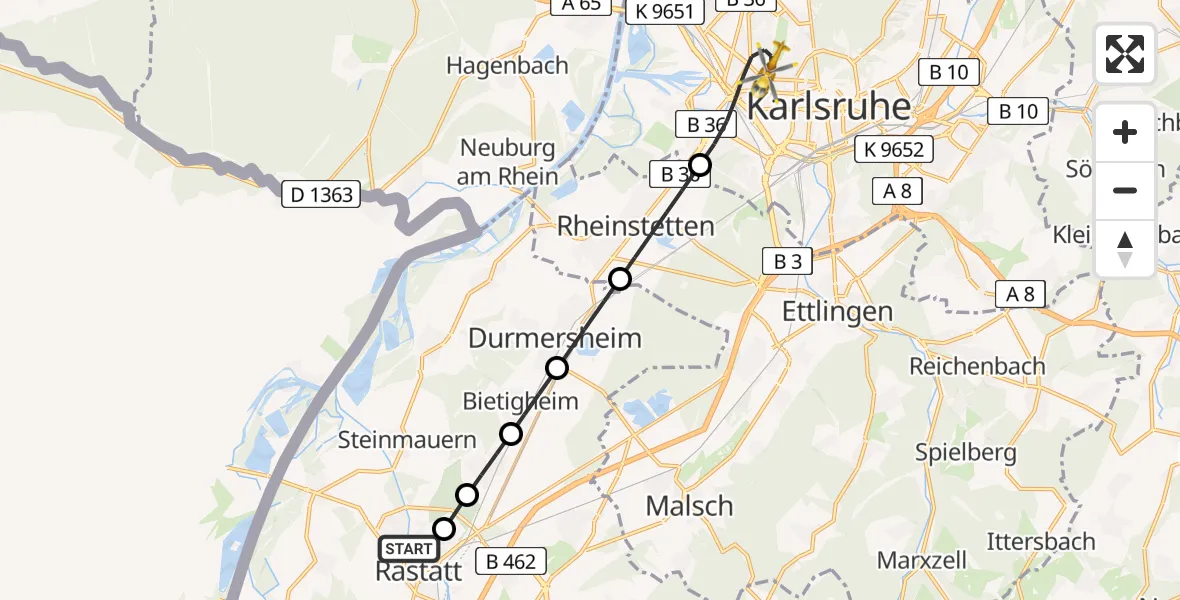 Flugroute Ambulanzhubschrauber Rastatt - Karlsruhe, 30 Juli 2026, 10:55