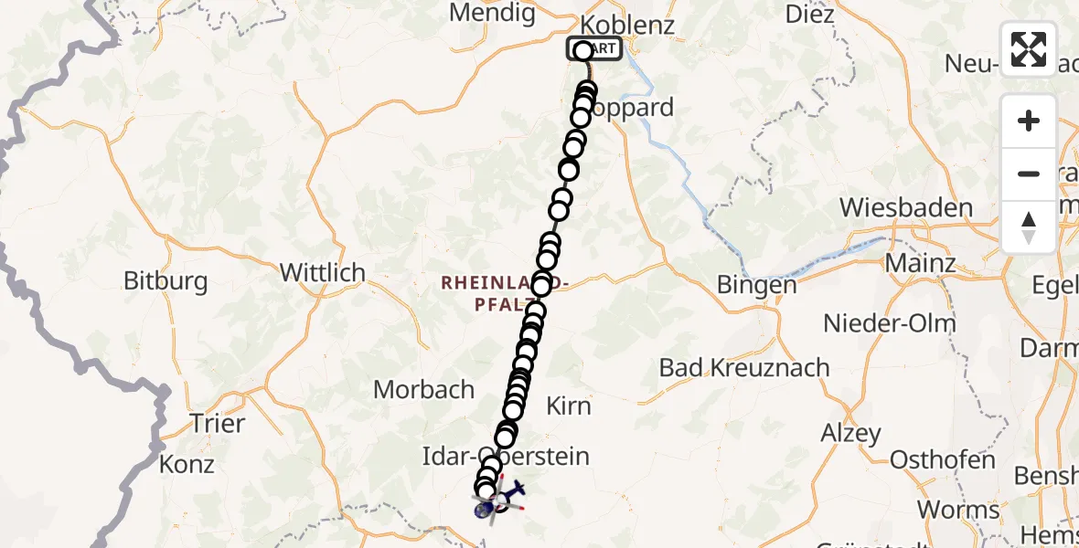 Flugroute Polizeihubschrauber Winningen - Baumholder, 30 Juli 2026, 11:02