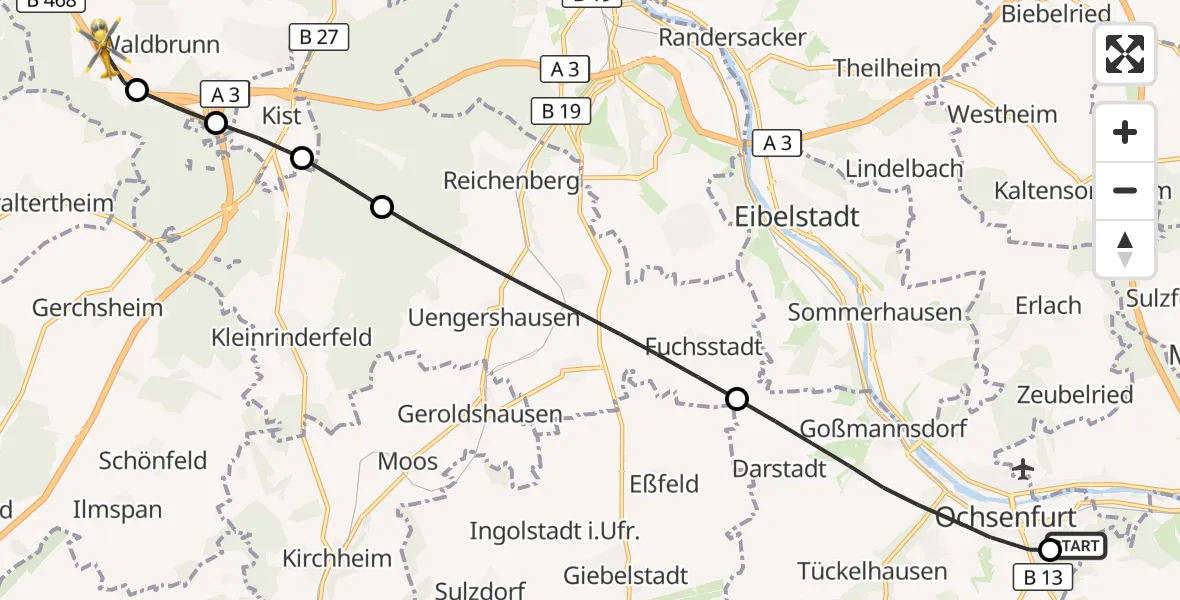 Flugroute Rettungshubschrauber Ochsenfurt Hospital - Waldbrunn, 30 Juli 2026, 11:10