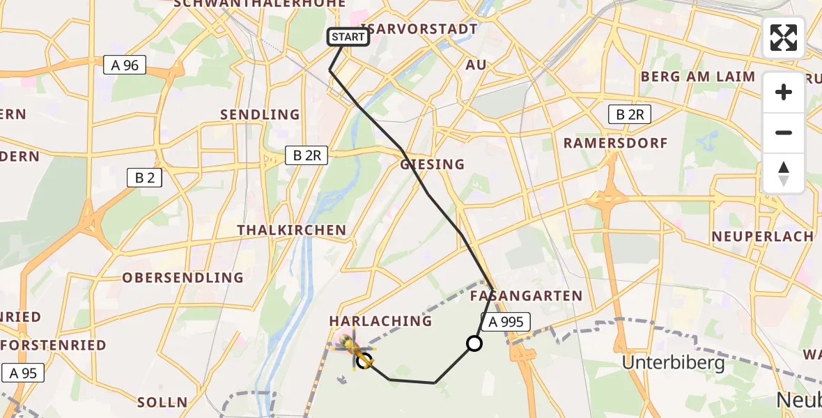 Flugroute Rettungshubschrauber München - ADAC Air Rescue Center Hubschrauberlandeplatz (Christoph 1), 30 Juli 2026, 11:17
