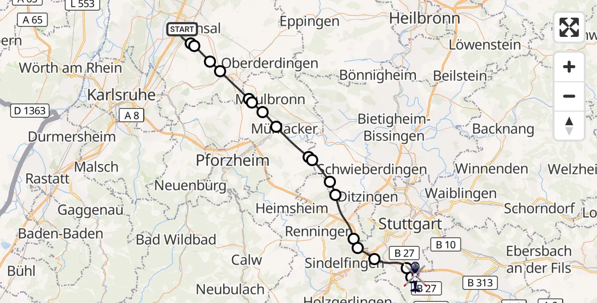 Flugroute Polizeihubschrauber Bruchsal - Flughafen Stuttgart, 30 Juli 2026, 11:18