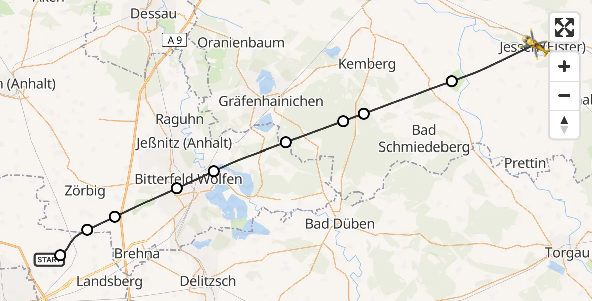 Flugroute Rettungshubschrauber Halle-Oppin Flugplatz - Jessen (Elster), 30 Juli 2026, 11:19