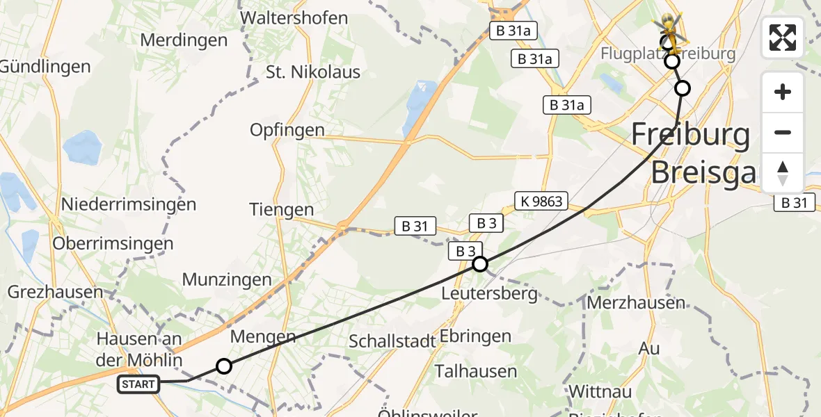 Flugroute Ambulanzhubschrauber Bad Krozingen - Freiburg im Breisgau Flugplatz, 30 Juli 2026, 11:19