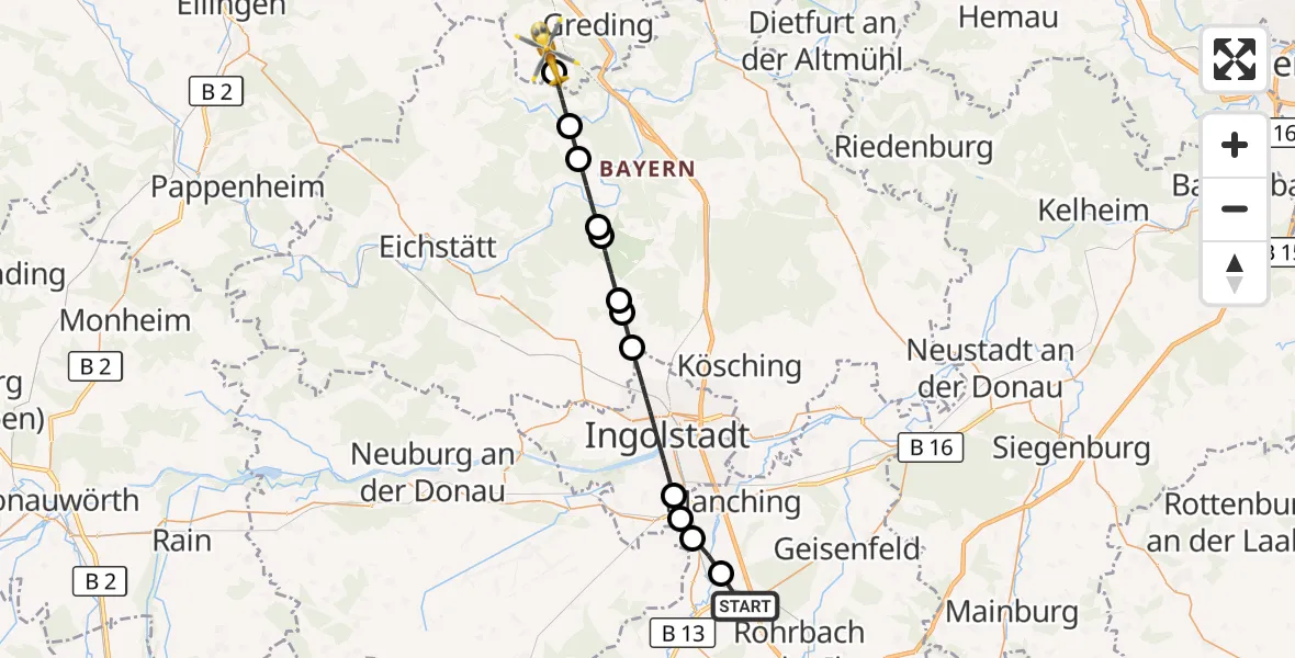 Flugroute Rettungshubschrauber Reichertshofen - Greding, 30 Juli 2026, 11:23