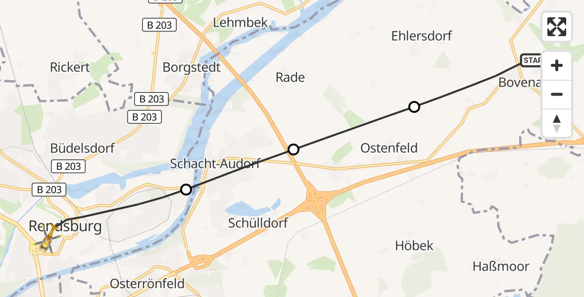 Flugroute Ambulanzhubschrauber Bovenau - Rendsburg, 30 Juli 2026, 11:27