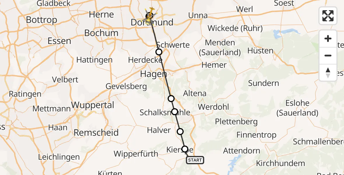 Flugroute Rettungshubschrauber Meinerzhagen - Dortmund Hospital North, 30 Juli 2026, 11:28