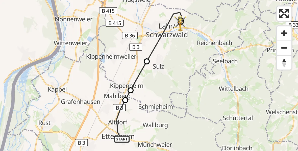 Flugroute Rettungshubschrauber Ettenheim - Ortenau Hospital Lahr-Ettenheim, 30 Juli 2026, 11:36