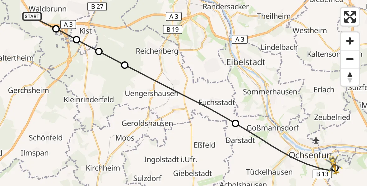 Flugroute Rettungshubschrauber Waldbrunn - Ochsenfurt Hospital, 30 Juli 2026, 11:40