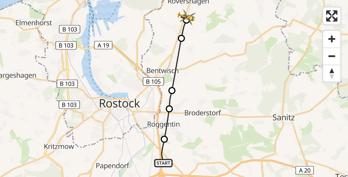 Flugroute Ambulanzhubschrauber Dummerstorf - Rövershagen, 30 Juli 2026, 11:40