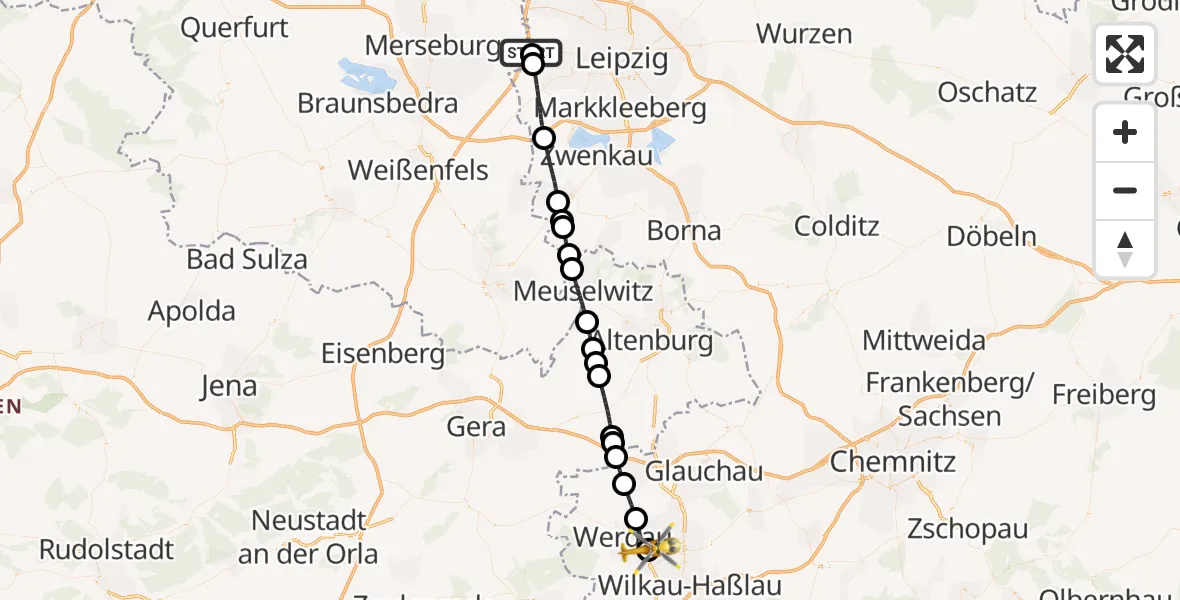 Flugroute Rettungshubschrauber ADAC Air Rescue Station Leipzig/Schkeuditz-Dölzig Hubschrauberlandeplatz (Christoph 61) - ADAC Air Rescue Station Zwickau Hubschrauberlandeplatz, 30 Juli 2026, 11:42