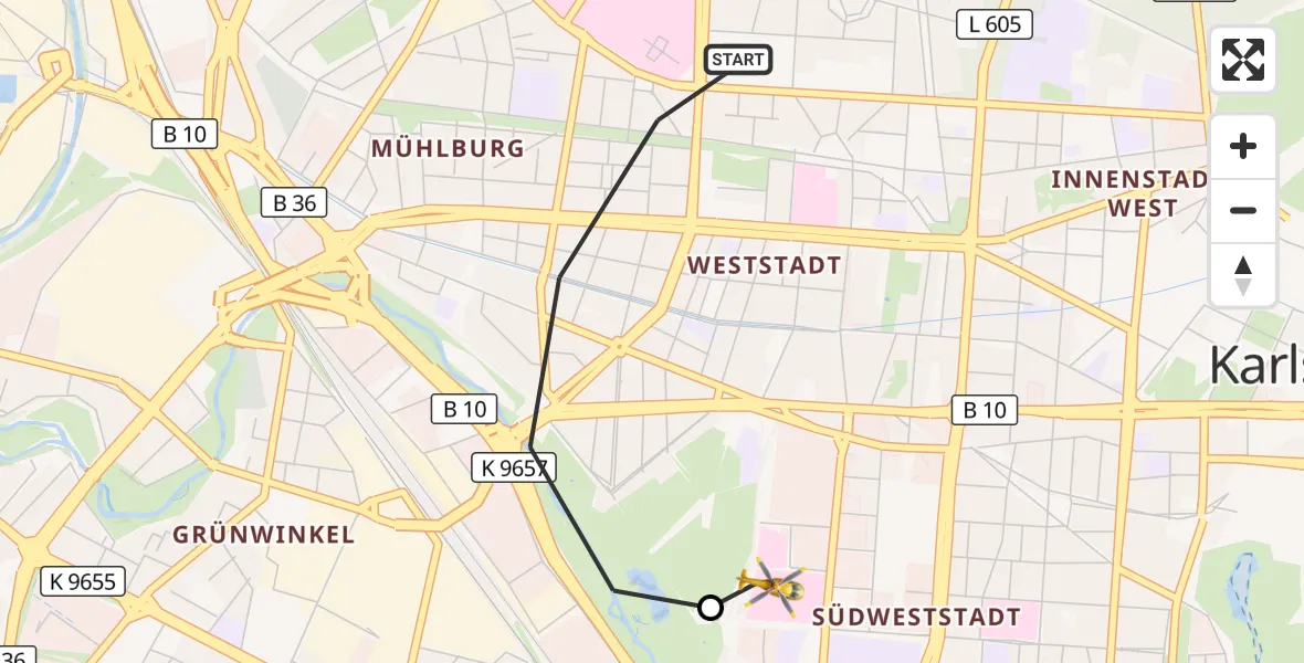 Flugroute Ambulanzhubschrauber Karlsruhe - Sankt Vincentius Hospital, 30 Juli 2026, 11:44