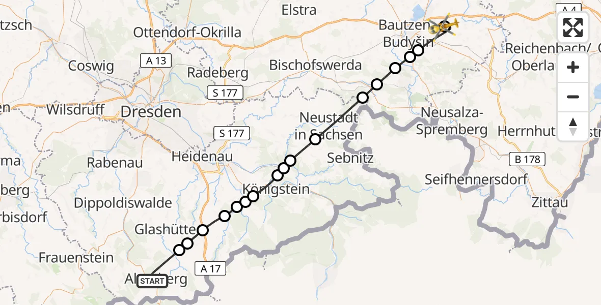 Flugroute Rettungshubschrauber Altenberg - Bautzen Flugplatz, 30 Juli 2026, 11:44