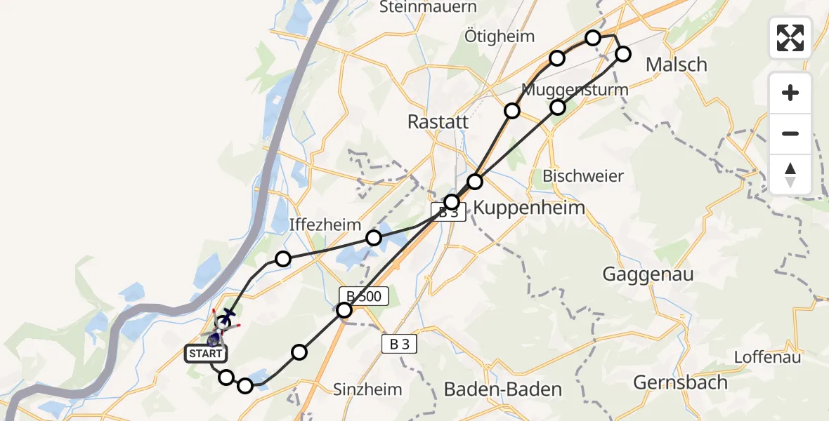 Flugroute Polizeihubschrauber Karlsruhe Baden-Baden Flughafen - Karlsruhe Baden-Baden Flughafen, 30 Juli 2026, 11:49