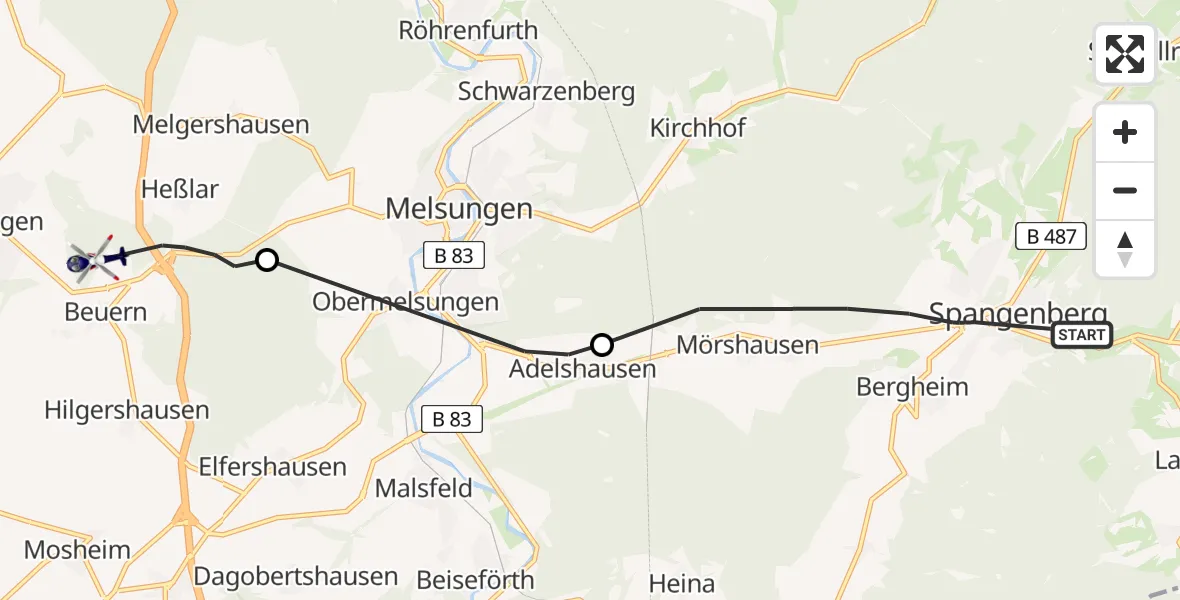 Flugroute Polizeihubschrauber Spangenberg - Felsberg, 30 Juli 2026, 11:50