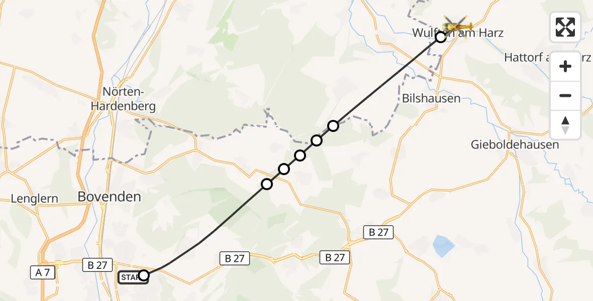 Flugroute Rettungshubschrauber Göttingen University Clinic Hubschrauberlandeplatz - Wulften am Harz, 30 Juli 2026, 11:52